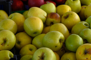 Fresh golden apples displayed at a vibrant market in the fall harvest season