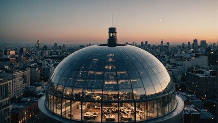 Obraz premium Unique Glass Dome Structure Providing a Stunning Observation Point Overlooking a Vast Urban Landscape at Twilight, Ideal for Travel Guides and City Exploration Content