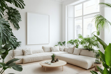 Naklejka premium Bright Scandinavian Living Room with Large White Picture Frame Mockup