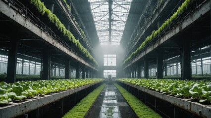 Large Industrial Space Transformed into an Indoor Vegetable Garden with Extensive Rows of Greenery, Representing Urban Farming Initiatives and Innovative Use of Industrial Buildings