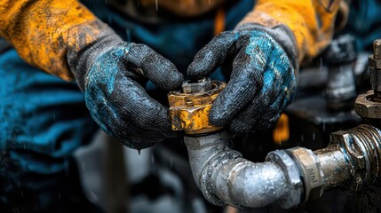 Highlight the action of hands tightening a valve, with clear focus on the metallic tool and the plumber's expertise in a clean setting.
