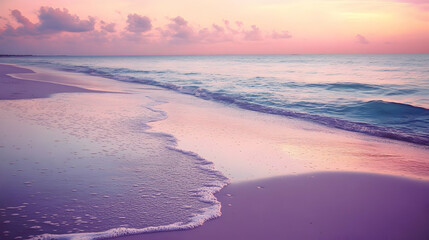 Obraz premium Pink Sunset on Serene Beach: Soft Waves and Tranquil Ocean View