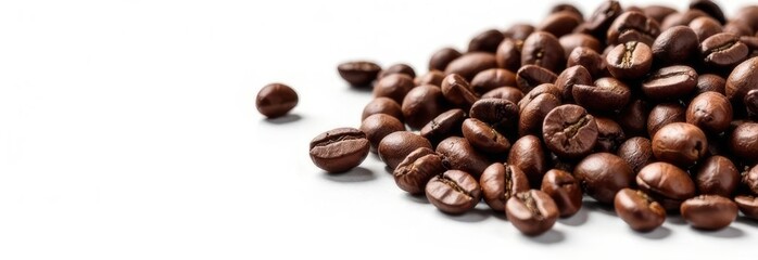 Fototapeta premium Roasted coffee beans piled up on white background with copy space