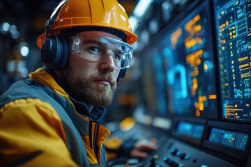 Engineer Operating Scada System Wearing Safety Glasses and Hardhat in Control Room