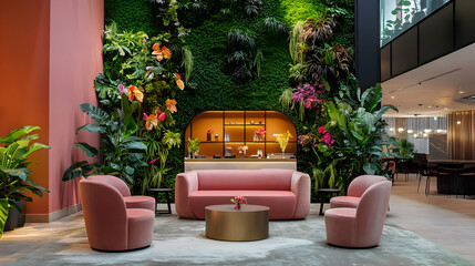 Fototapeta premium Modern Hotel Lobby with Lush Vertical Garden and Pink Seating