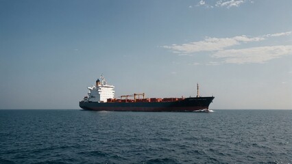 Fototapeta premium Container Vessel Moving Through Calm Waters, Highlighting the Importance of the Marine Industry for Worldwide Cargo Shipment and Supply Networks