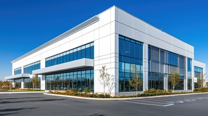 Obraz premium Modern white commercial building stands in urban setting. Exterior view of contemporary RD office facility. Landscaping around building complements modern architecture. Empty parking lots in front.