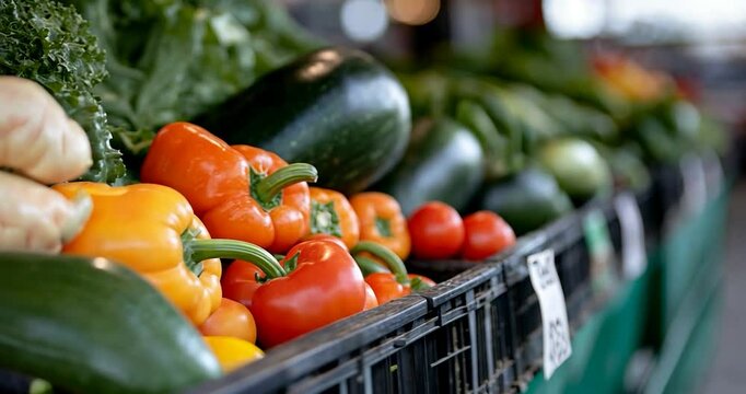 Close-up view of vibrant red and orange bell peppers, alongside dark green zucchini and leafy greens in a black plastic crate at a farmer's market