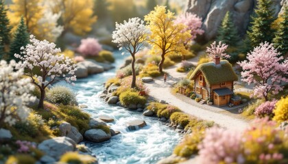 Fototapeta premium Charming cottage by river in vibrant spring forest with blossoming trees