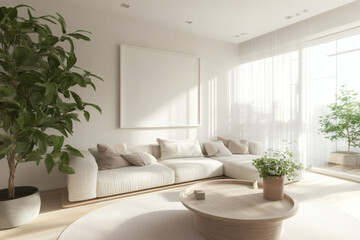 Bright Scandinavian Living Room with Large White Picture Frame Mockup
