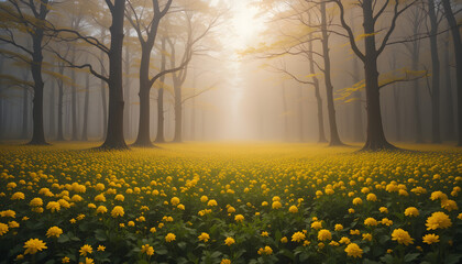 Tranquil forest glade bathed in soft light, featuring a vibrant field of yellow flowers surrounded by tall trees in a misty atmosphere