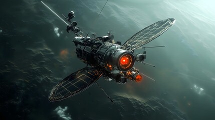 Naklejka premium Detailed rendering of a space probe with advanced cameras exploring the cosmos