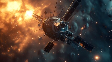 Rendering of a space probe with cameras exploring the vastness of space during an astronomical event