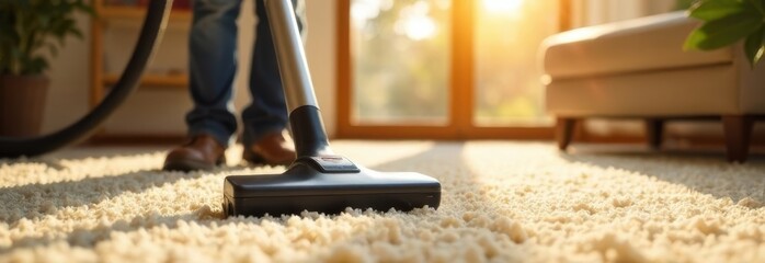 Man vacuuming carpet in sunny living room with copy space banner
