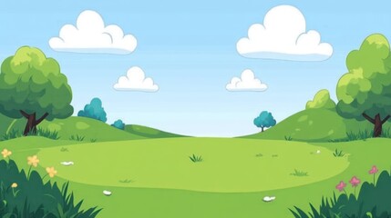 Cartoon park landscape, sunny day, idyllic scene, background for kids' book, or presentation