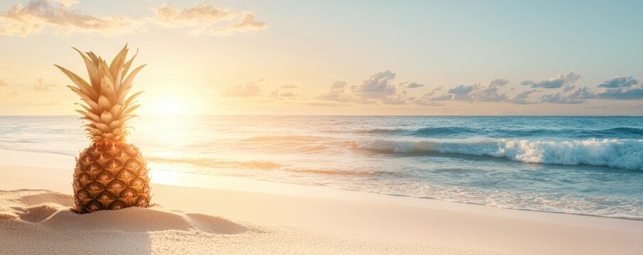 A vibrant pineapple stands on a sandy beach, with gentle waves lapping at the shore and a stunning sunset illuminating the horizon.