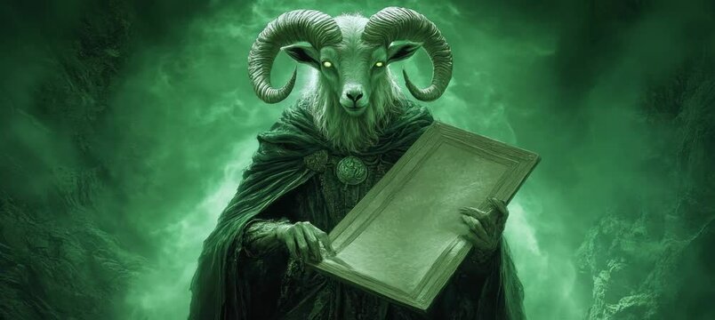 Satan Baphomet holding a scroll with dark green aura energy. Hell cult sect satanism. Generative video AI technology.