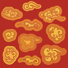 Gold clouds. Different template in chinese style for  design. Traditional asian auspicious symbols. Objects isolated on a red background. Vector set.