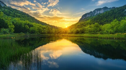 Mountain landscape with river and reflection under blue sky at sunset in a natural park with green trees and yellow flowers Copy Space