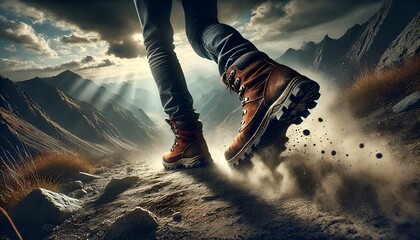 Close-Up of Worn Leather Hiking Boots on Mountain Trail Generative AI