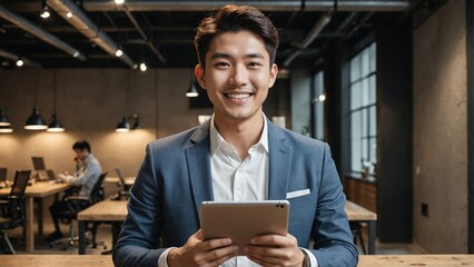 Smiling Asian Startup Owner in Modern Co‑Working Space with Tablet: Innovative Entrepreneur Driving Digital Business Success and Creative Leadership