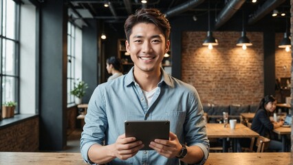 Smiling Asian Startup Entrepreneur in a Contemporary Co‑Working Environment with Tablet: Visionary Business Leader Fueling Digital Transformation and Startup Growth