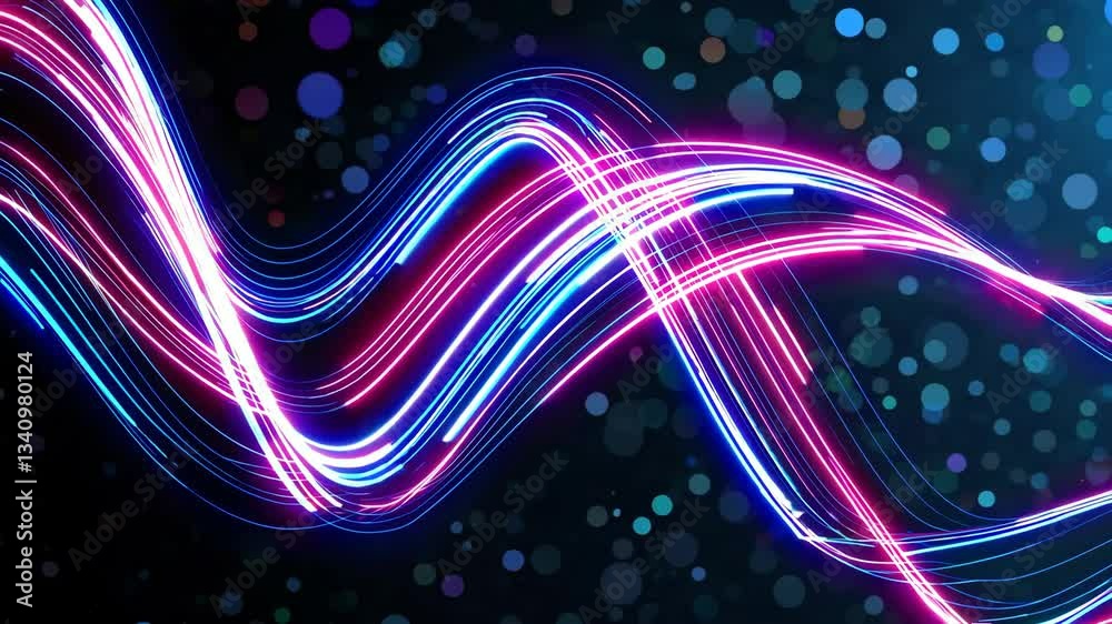 Poster glowing neon light trails with bokeh background, futuristic energy concept