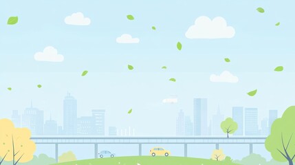 Cityscape spring breeze, cars on overpass, peaceful scene, illustration, stock photo