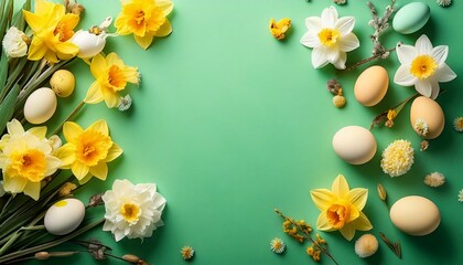 easter background with eggs and flowers, green background with bright colored decoration, copy space, room for text