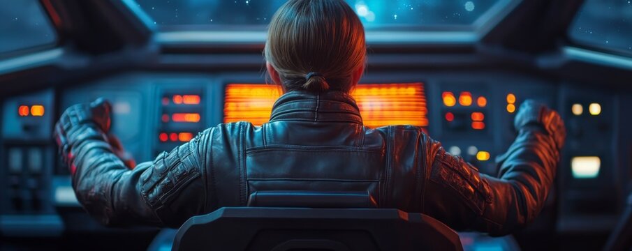 Female intergalactic smuggler captain, wearing a rugged leather jacket, steering a starship