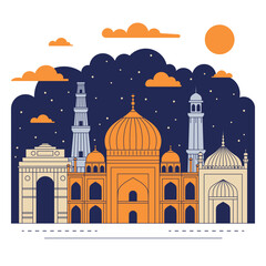 India Night Scene with Architectural Landmarks