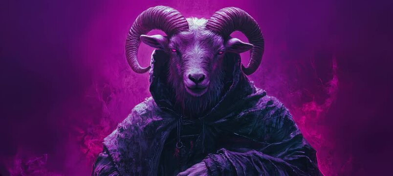 Satan Baphomet on dark purple background. Hell cult sect satanism. Generative video AI technology.	

