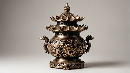 Fototapeta premium Elaborately Carved Bronze Incense Burner with Dragon Design, Elegant Decorative Object for Home Fragrance and Oriental Inspired Interiors