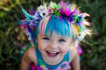 Happy caucasian toddler girl with multi-color hair wearing multi-colored flower crown on her head. Happy vacation time visual idea. Sunny daylight. Happy girl with a nature-inspired wreath.