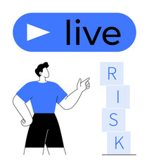 Person gestures toward stacked risk blocks under live indicator. Highlights judgment, balance, challenges, critical thinking. Ideal for business strategy, risk management, analysis, live