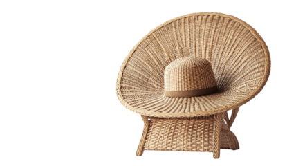 Unique woven chair with oversized hat showcases artisanal craftsmanship in a stylish corner