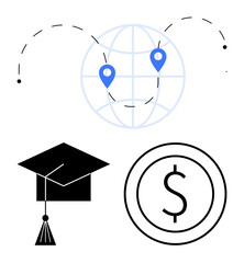Graduation cap, currency symbol, and globe with location markers highlight global education, career growth, financial planning. Ideal for education, wealth, scholarships, travel globalization