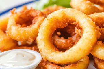 Crispy Fried Onion Rings with Dipping Sauce on a Plate