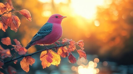 Obraz premium Pink bird perched on autumn leaves at sunset.