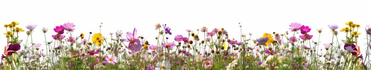 Fototapeta premium Panoramic view of a colorful wildflower field, isolated on a white background.