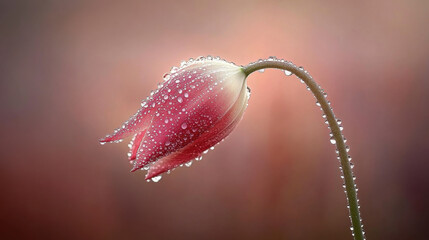 A close-up of a single tulip with gracefully curved petals, covered in tiny morning dew droplets. The vivid pink and white hues of the flower stand out against a muted, solid-toned background