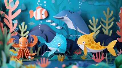 Fototapeta premium Colorful paper cut out represent of various sea or ocean fish species arranged underwater scene reflect oceanic and marine life ecosystems. Artistic creativity craftsmanship in aquatic themes. AIG53.