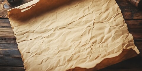 Aged paper scroll on wooden surface