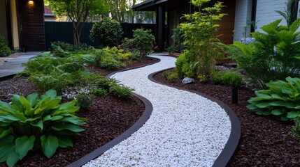 Serene garden path winds through lush landscaping