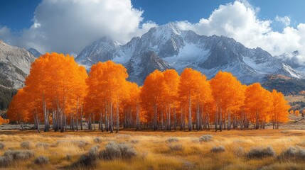Fototapeta premium Vibrant orange aspen trees in autumnal meadow with snow-capped mountains and blue sky.