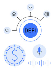 DEFI concept with central token, home, shopping cart, gear, heart icons, currency coin, microphone, sound waves. Ideal for blockchain fintech crypto technology finance networking innovation
