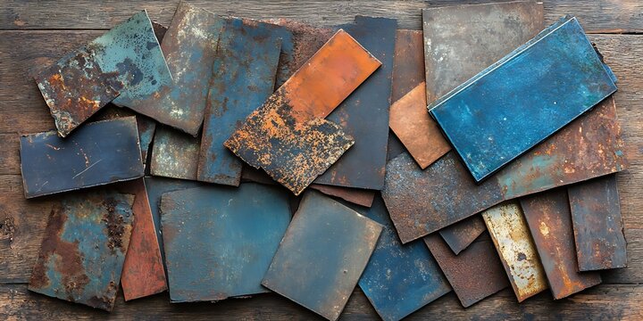 Rustic metal sheets on wood