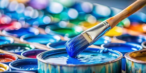 Artist's Brush Picking Up Blue Paint from Palette - Horizontal Stock Photo