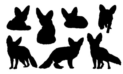 Set of silhouettes of realistic fennec foxes. Fennec foxes lie, sit and walk. Vector animal