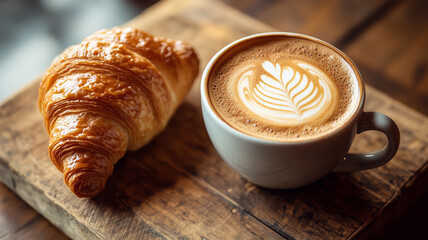A beautifully brewed cup of coffee with a perfectly layered cappuccino foam, placed on a wooden table alongside a fresh, flaky croissant
